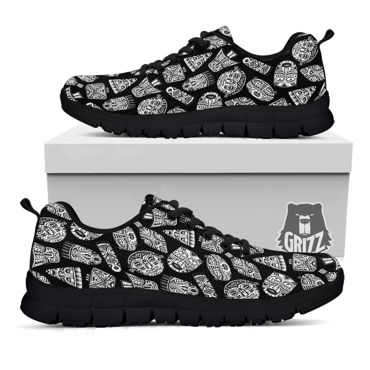 Black And White African Fancy Masks Print Pattern Black Sneaker-grizzshop