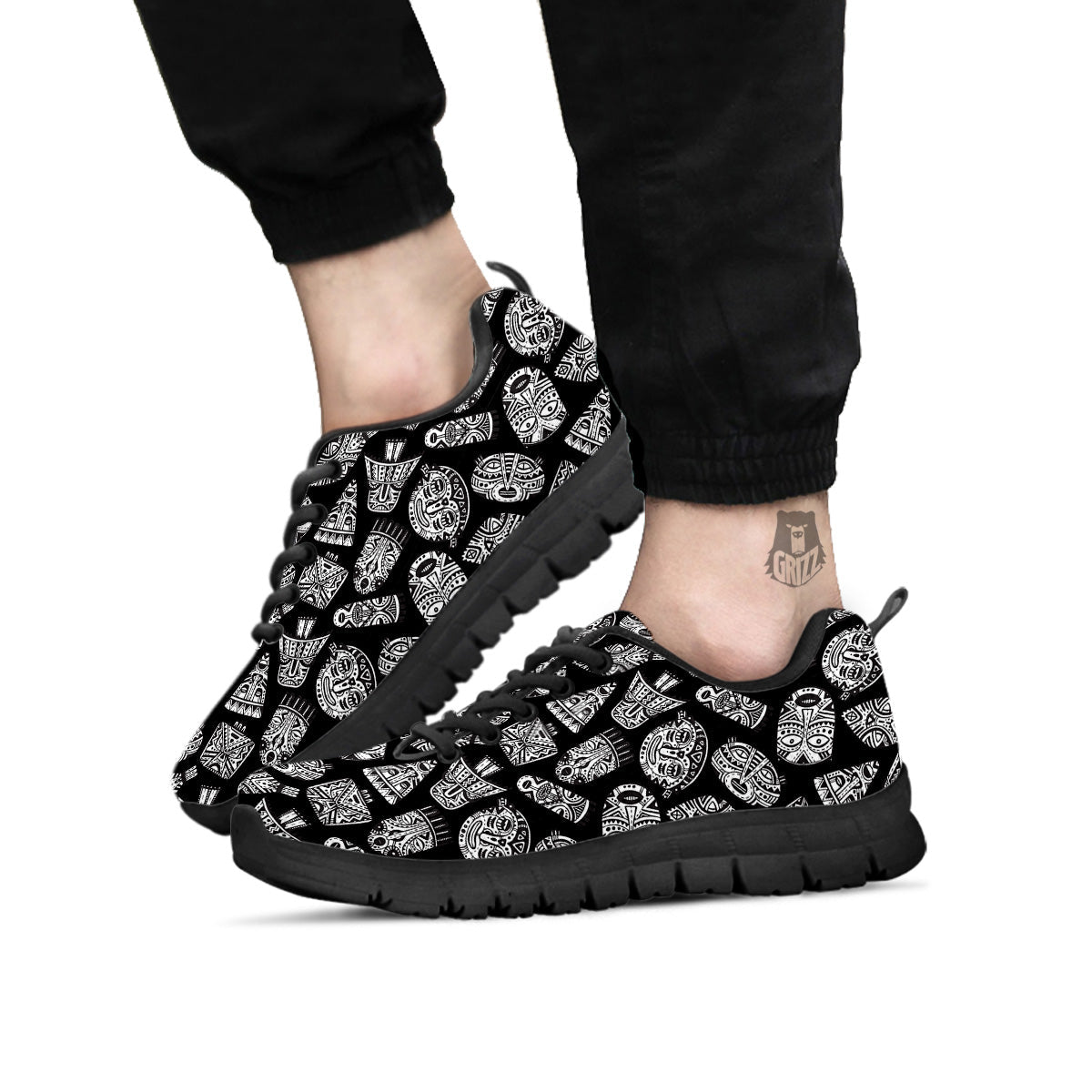 Black And White African Fancy Masks Print Pattern Black Sneaker-grizzshop