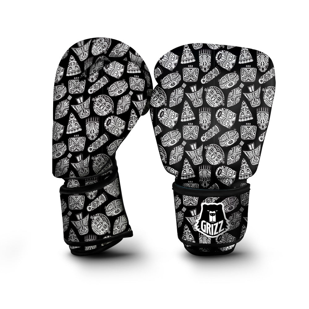 Black And White African Fancy Masks Print Pattern Boxing Gloves-grizzshop