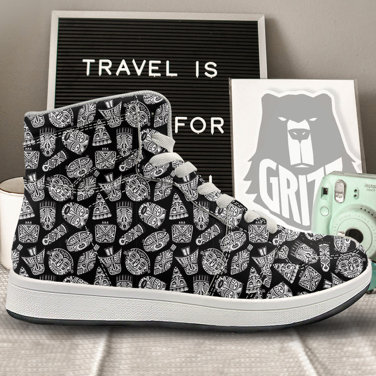 Black And White African Fancy Masks Print Pattern High Top Sneakers-grizzshop