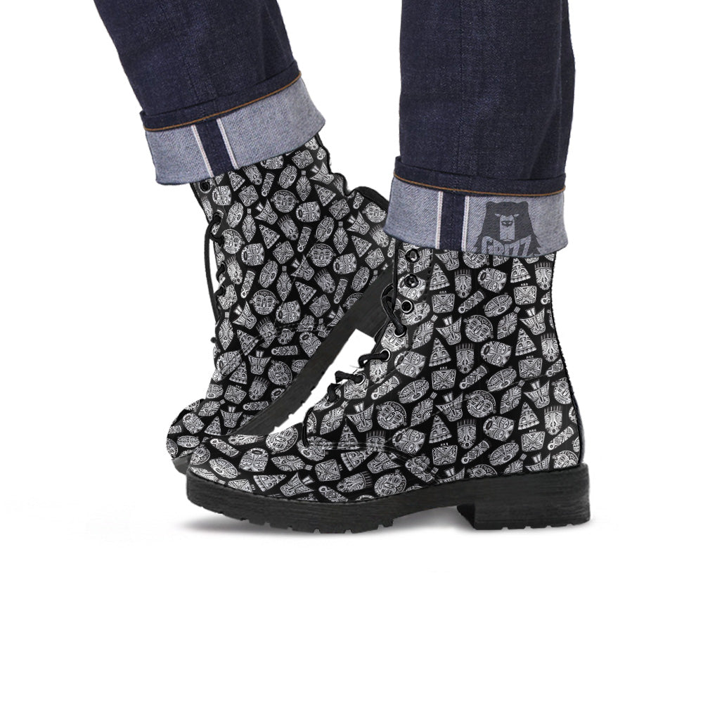 Black And White African Fancy Masks Print Pattern Leather Boots-grizzshop