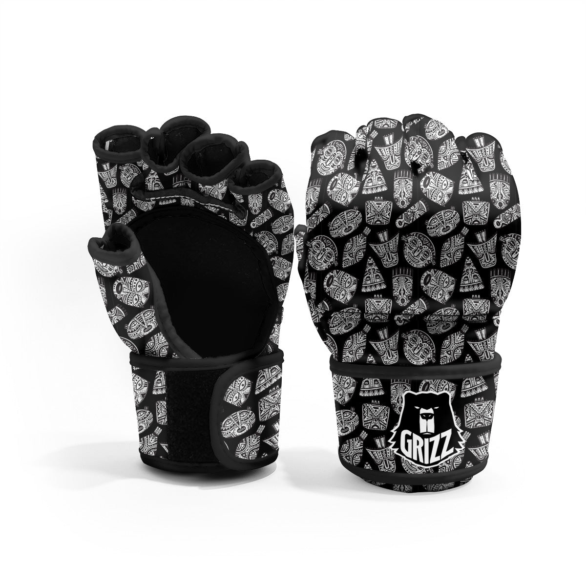 Black And White African Fancy Masks Print Pattern MMA Gloves-grizzshop