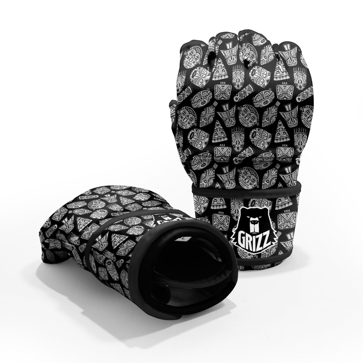 Black And White African Fancy Masks Print Pattern MMA Gloves-grizzshop