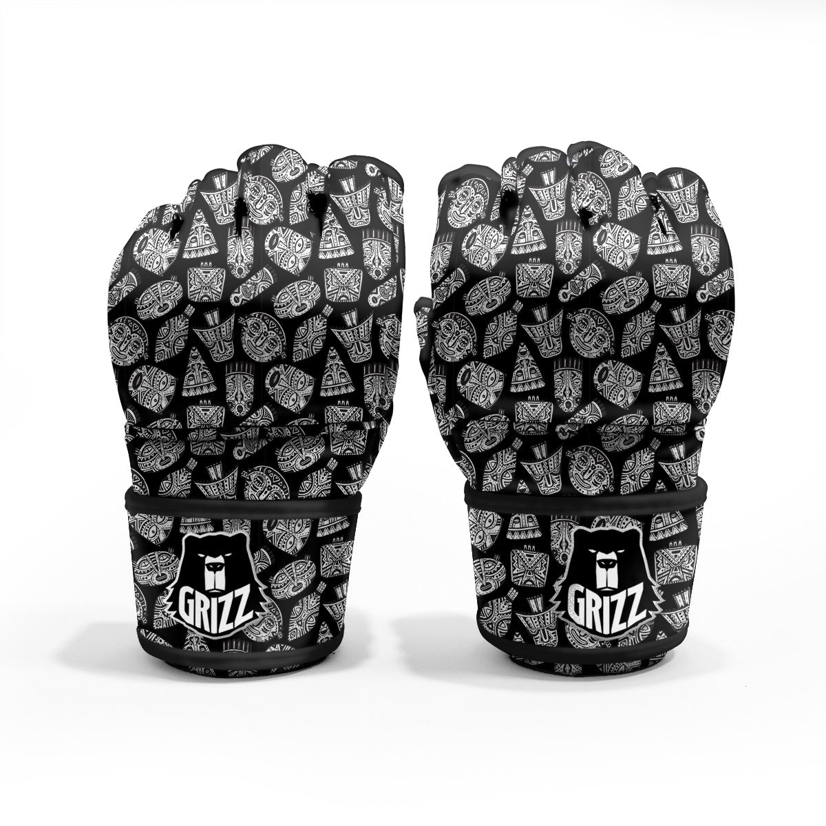 Black And White African Fancy Masks Print Pattern MMA Gloves-grizzshop