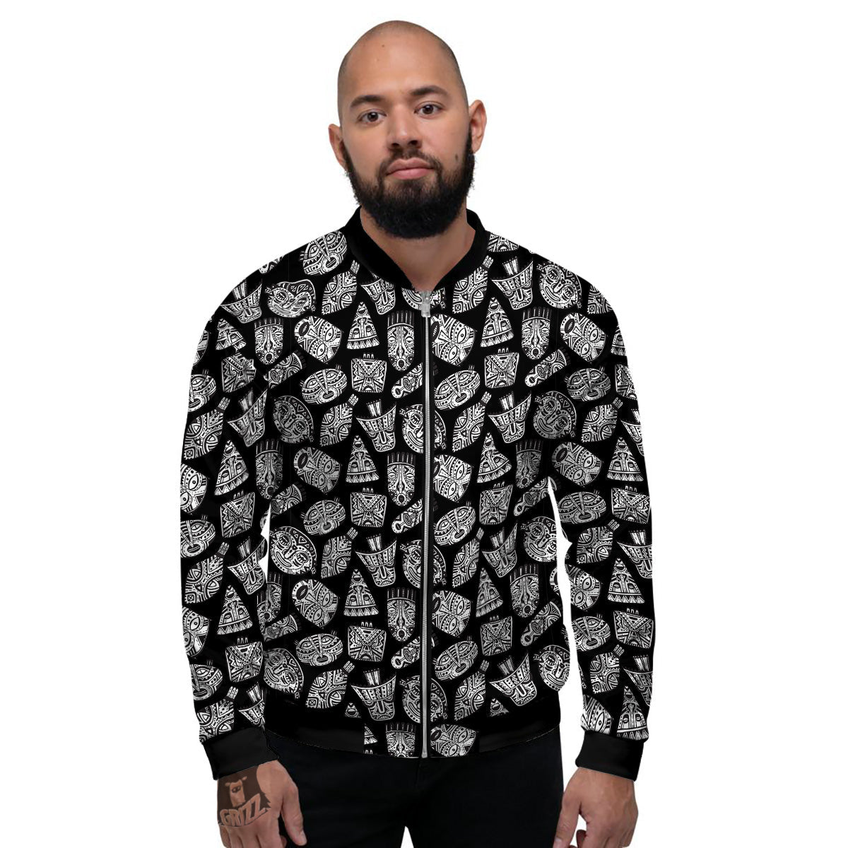 Black And White African Fancy Masks Print Pattern Men's Bomber Jacket-grizzshop