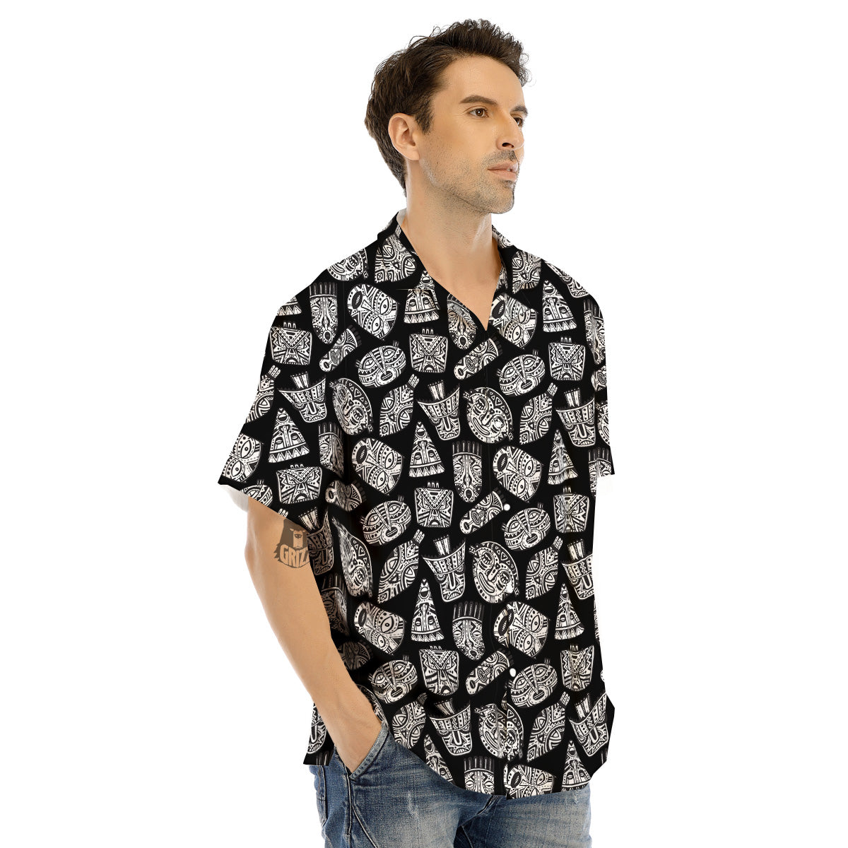 Black And White African Fancy Masks Print Pattern Men's Hawaiian Shirt-grizzshop