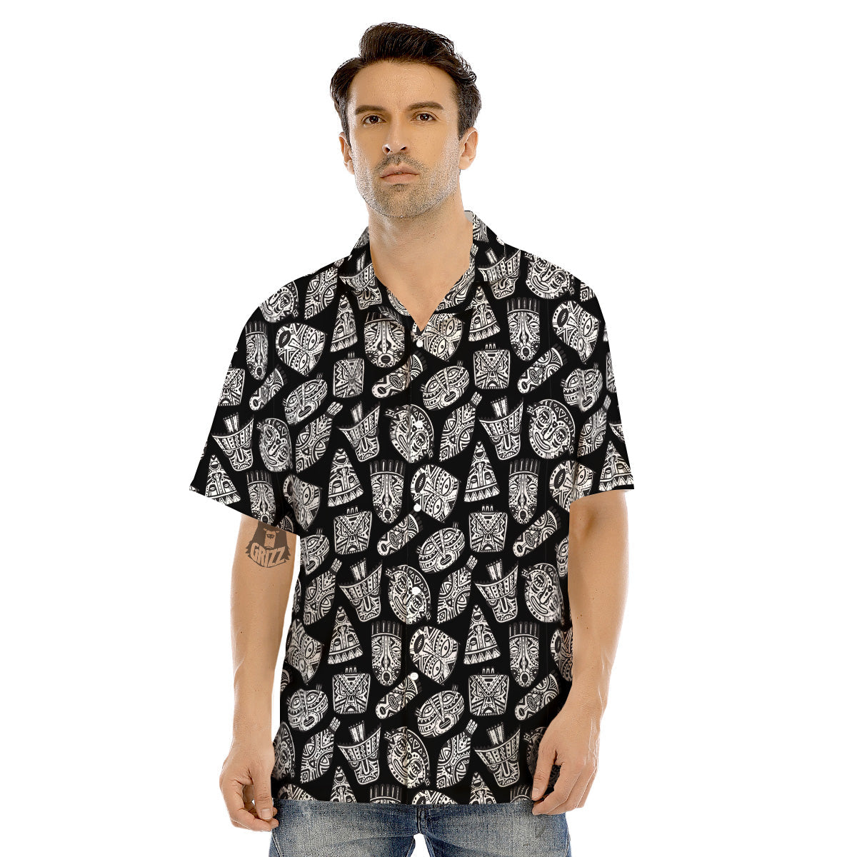 Black And White African Fancy Masks Print Pattern Men's Hawaiian Shirt-grizzshop