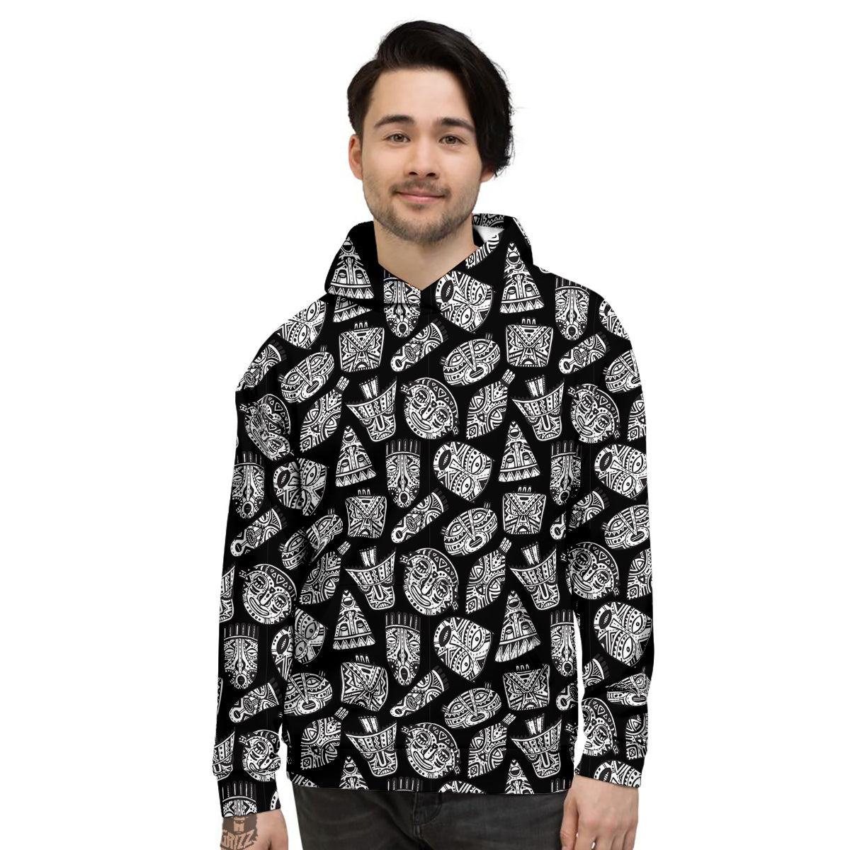 Black And White African Fancy Masks Print Pattern Men's Hoodie-grizzshop