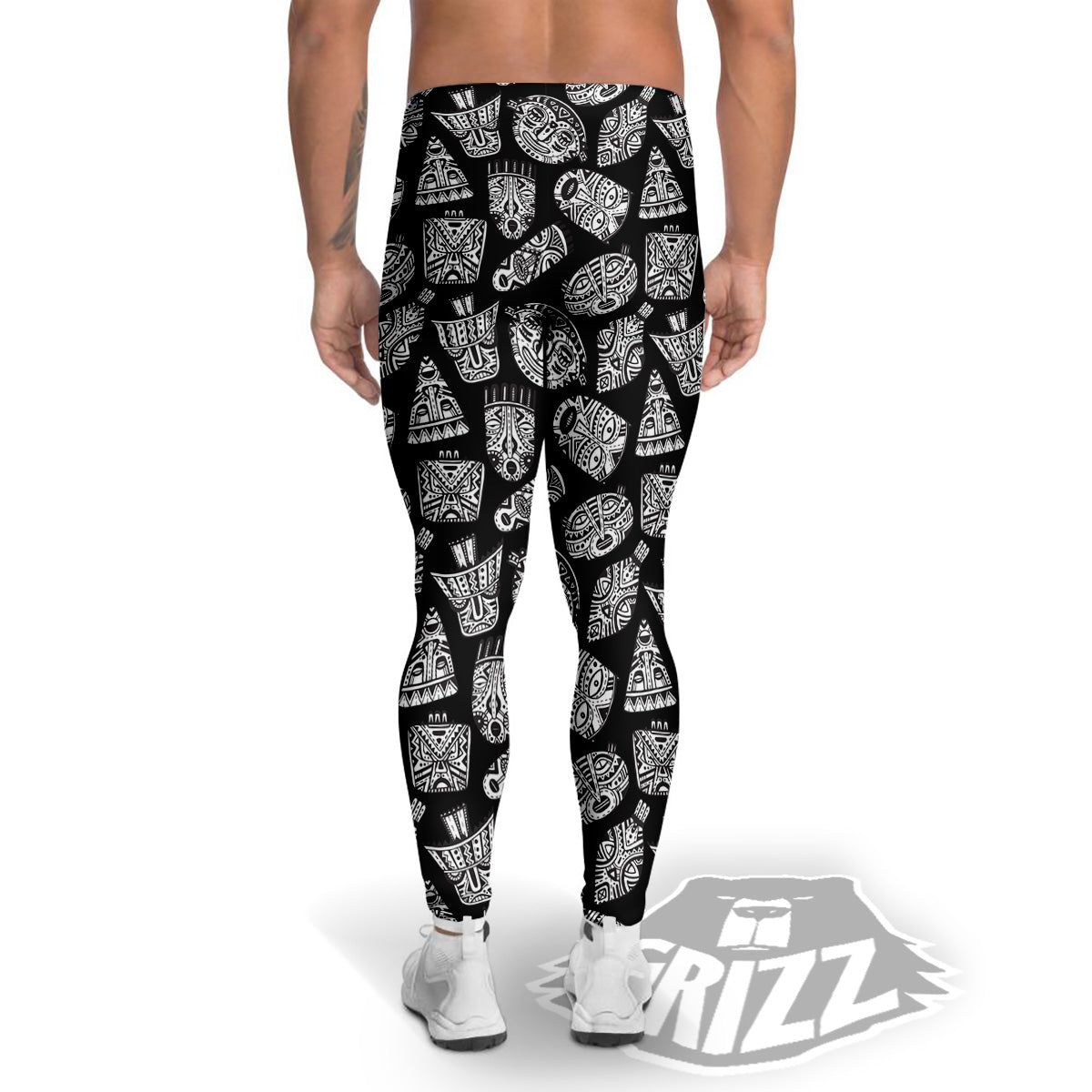 Black And White African Fancy Masks Print Pattern Men's Leggings-grizzshop