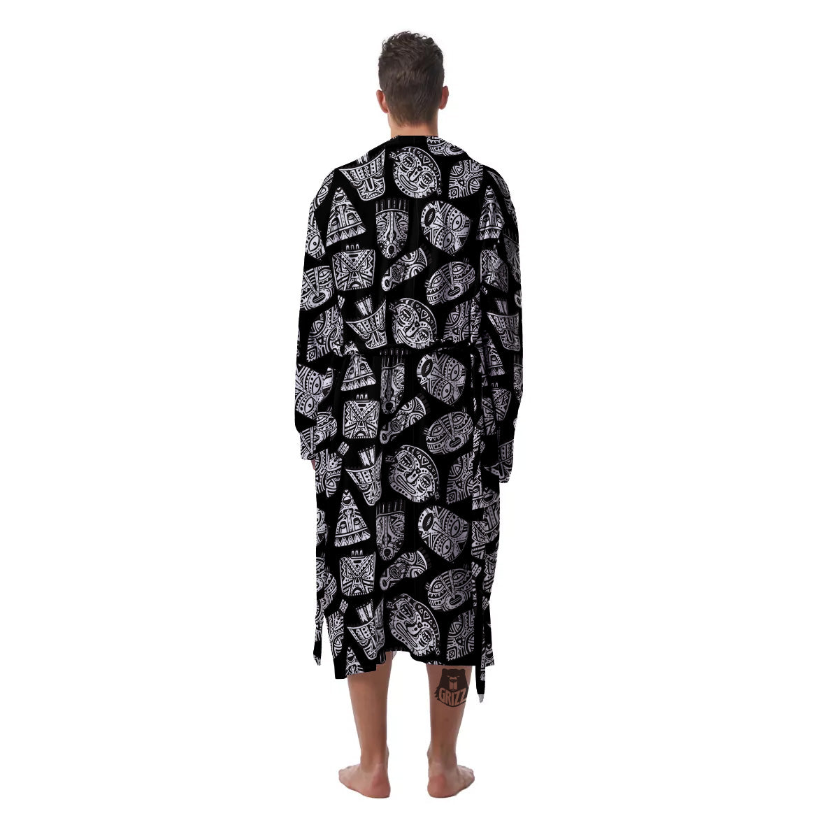 Black And White African Fancy Masks Print Pattern Men's Robe-grizzshop