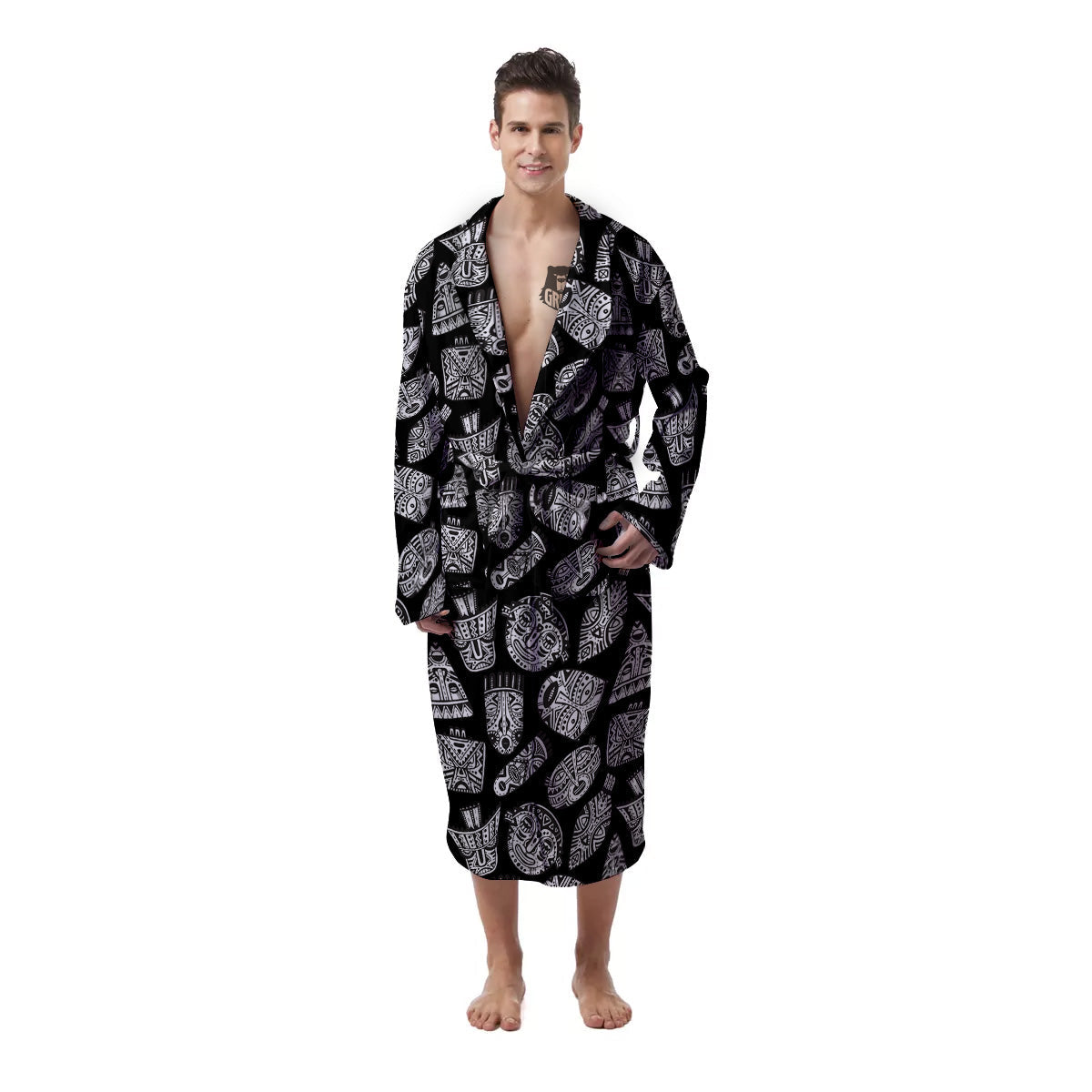 Black And White African Fancy Masks Print Pattern Men's Robe-grizzshop