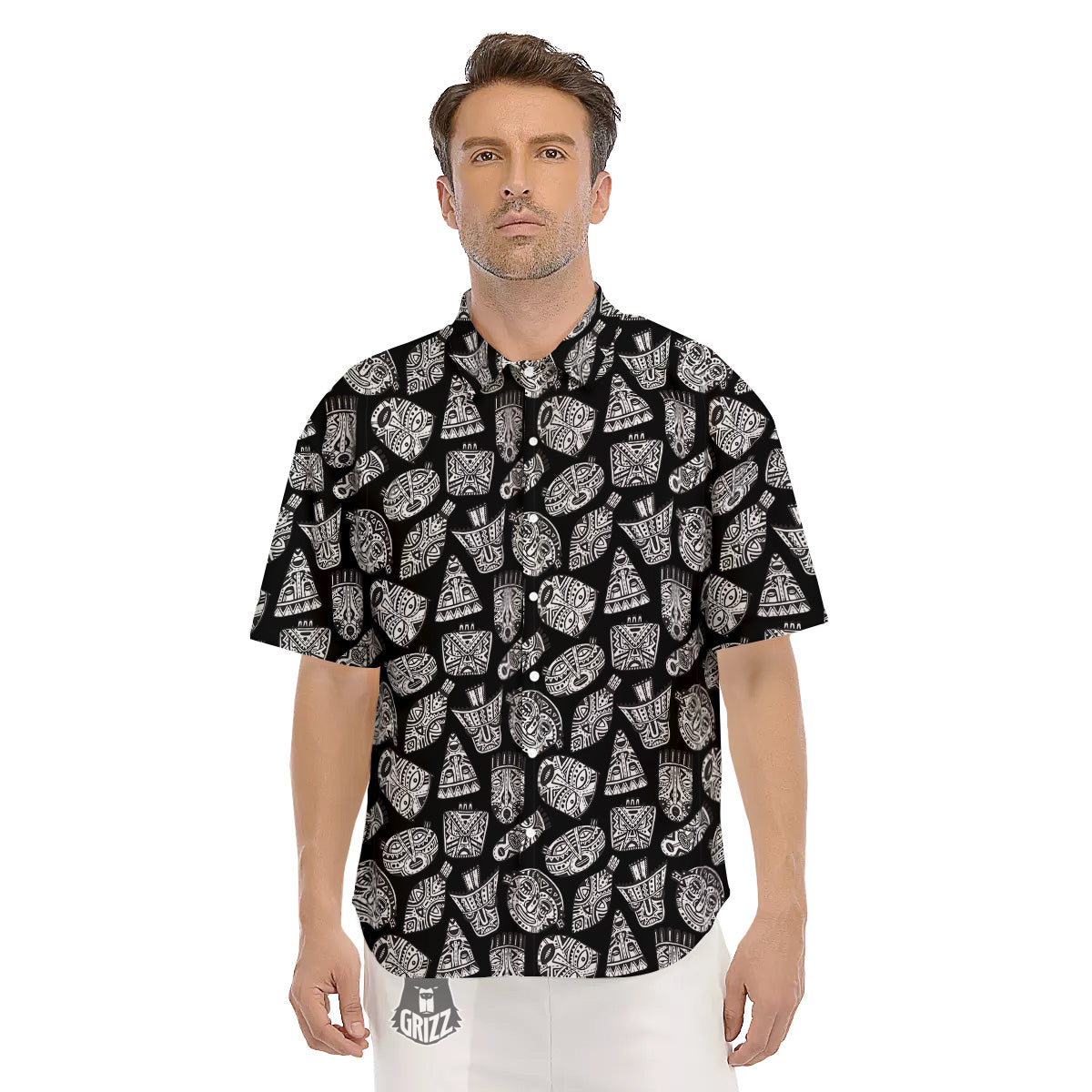 Black And White African Fancy Masks Print Pattern Men's Short Sleeve Shirts-grizzshop