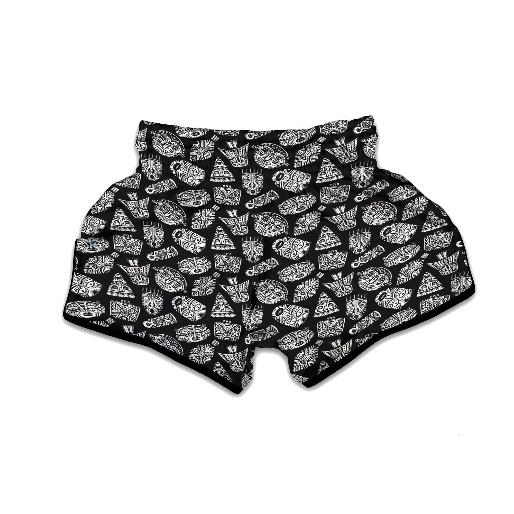Black And White African Fancy Masks Print Pattern Muay Thai Boxing Shorts-grizzshop