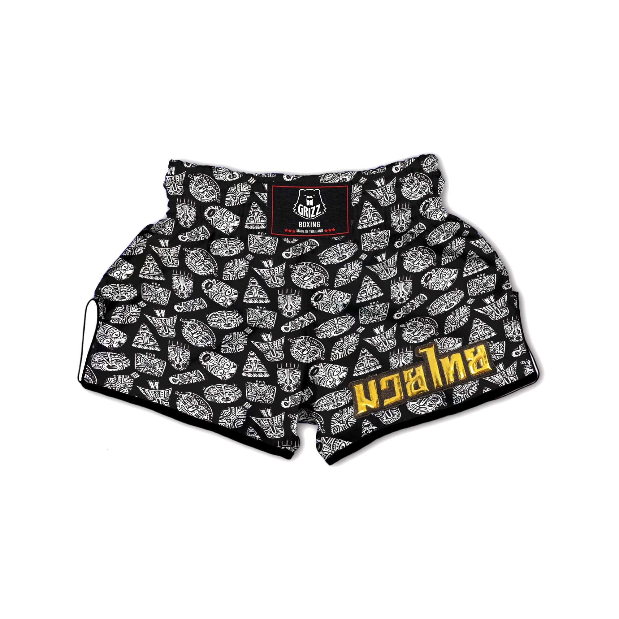 Black And White African Fancy Masks Print Pattern Muay Thai Boxing Shorts-grizzshop