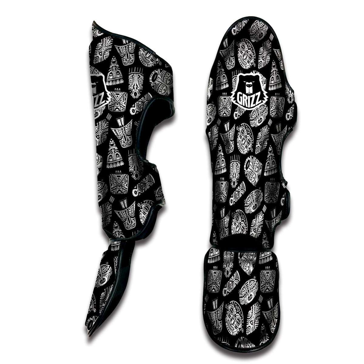 Black And White African Fancy Masks Print Pattern Muay Thai Shin Guards-grizzshop
