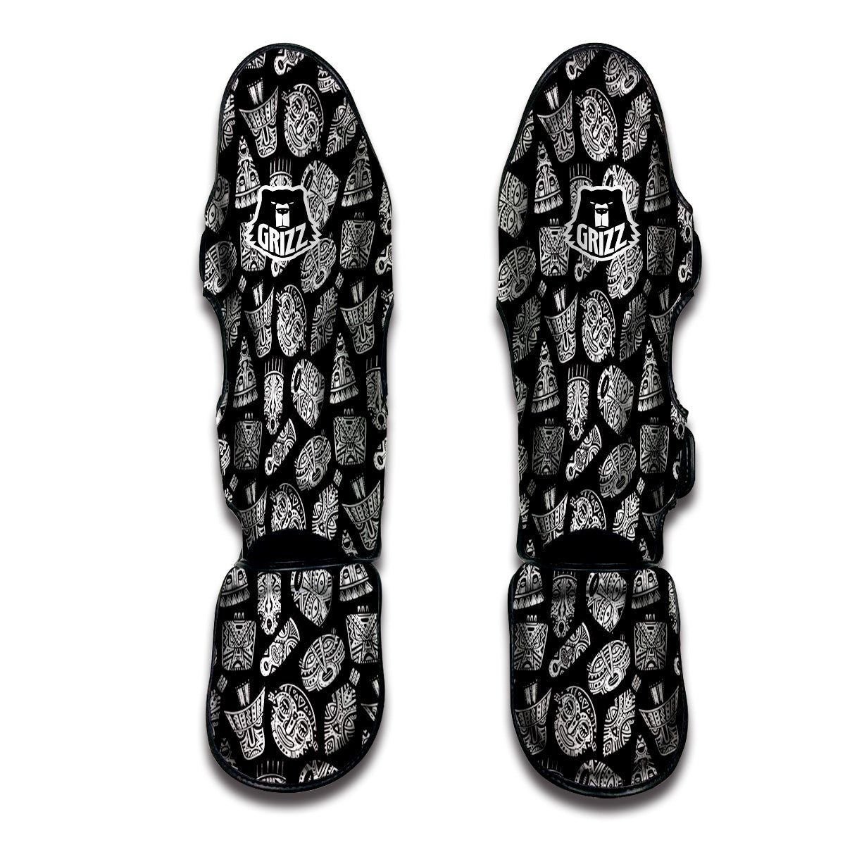 Black And White African Fancy Masks Print Pattern Muay Thai Shin Guards-grizzshop