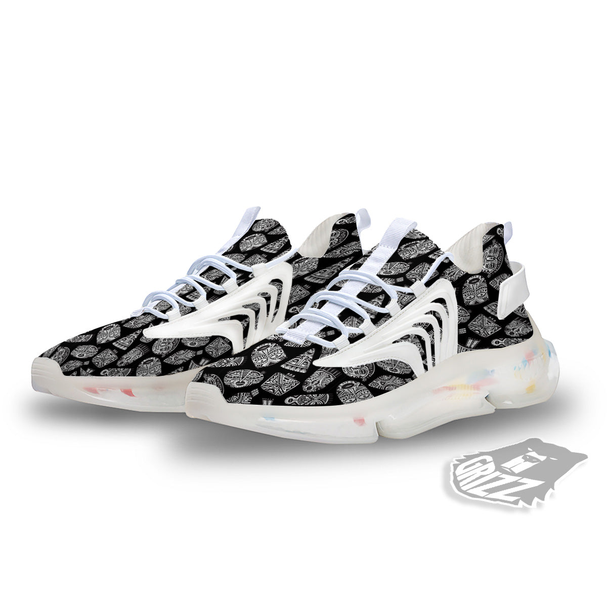 Black And White African Fancy Masks Print Pattern White Gym Shoes-grizzshop