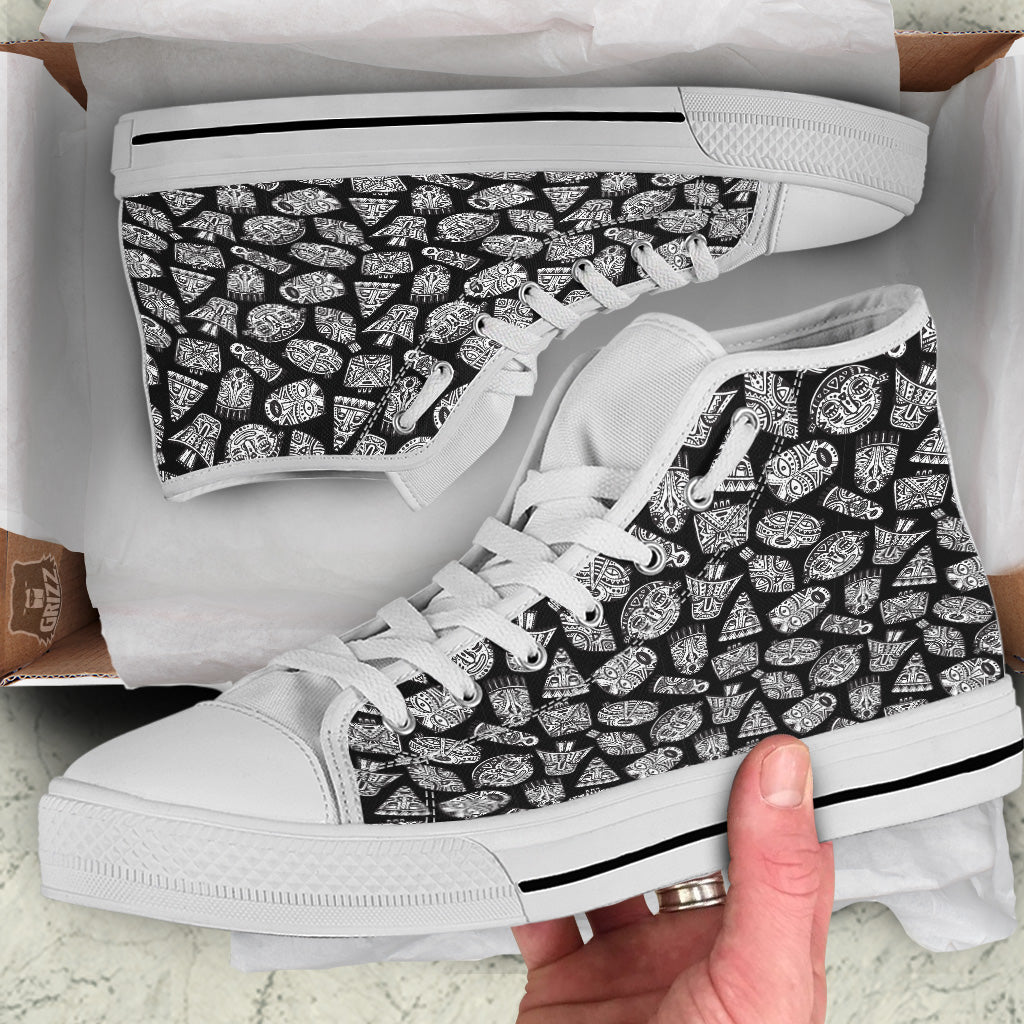 Black And White African Fancy Masks Print Pattern White High Top Shoes-grizzshop