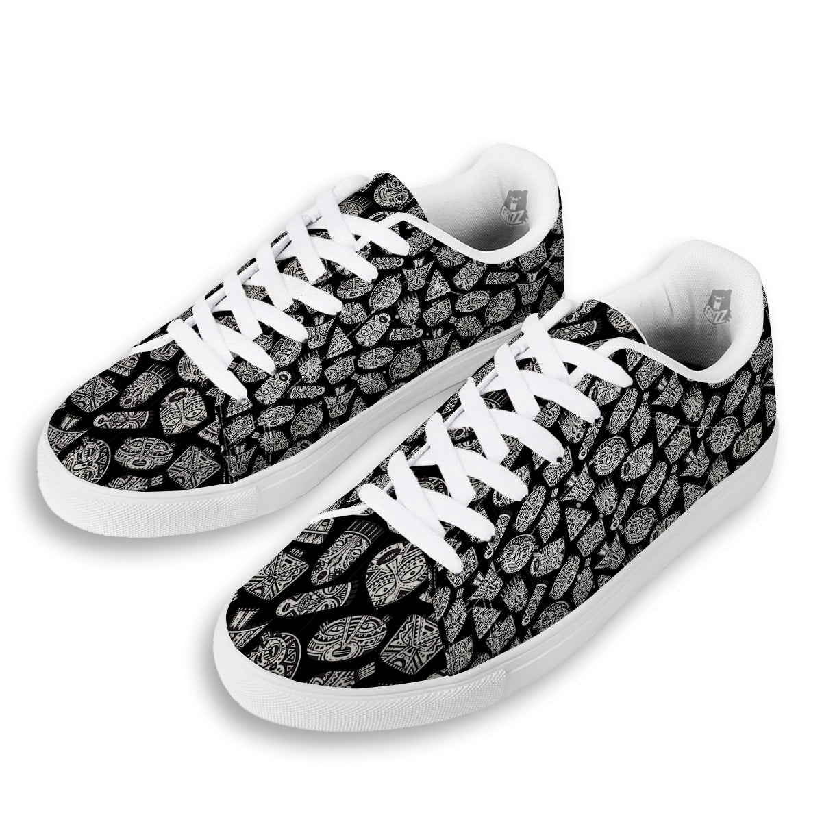 Black And White African Fancy Masks Print Pattern White Low Top Sneakers-grizzshop