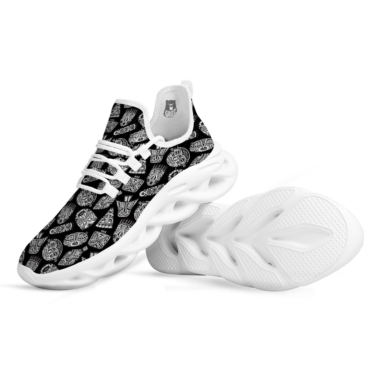 Black And White African Fancy Masks Print Pattern White Running Shoes-grizzshop