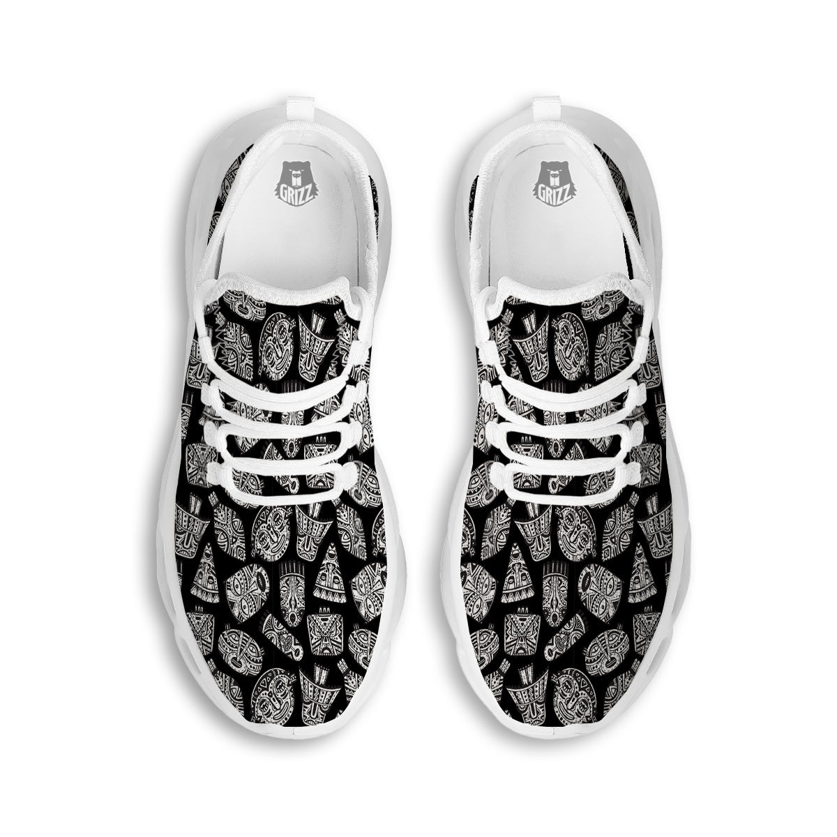 Black And White African Fancy Masks Print Pattern White Running Shoes-grizzshop