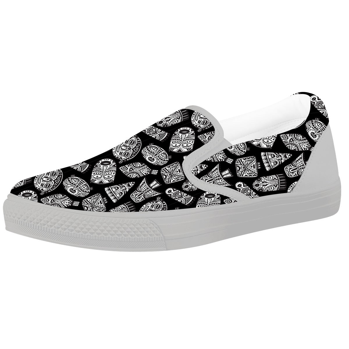 Black And White African Fancy Masks Print Pattern White Slip On Shoes-grizzshop