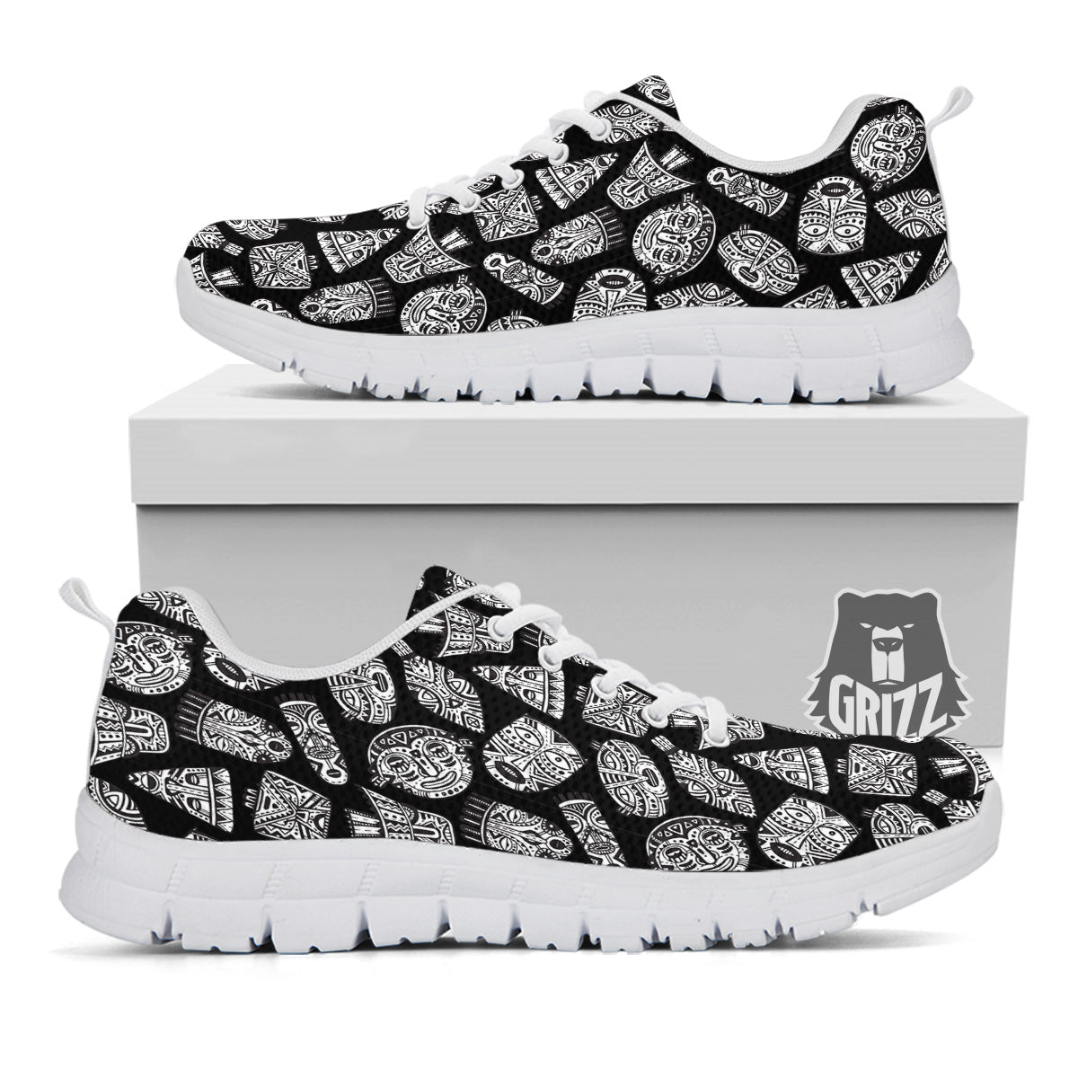Black And White African Fancy Masks Print Pattern White Sneaker-grizzshop