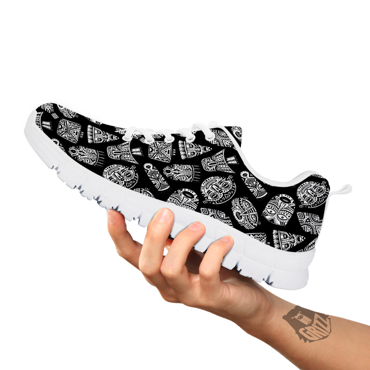 Black And White African Fancy Masks Print Pattern White Sneaker-grizzshop