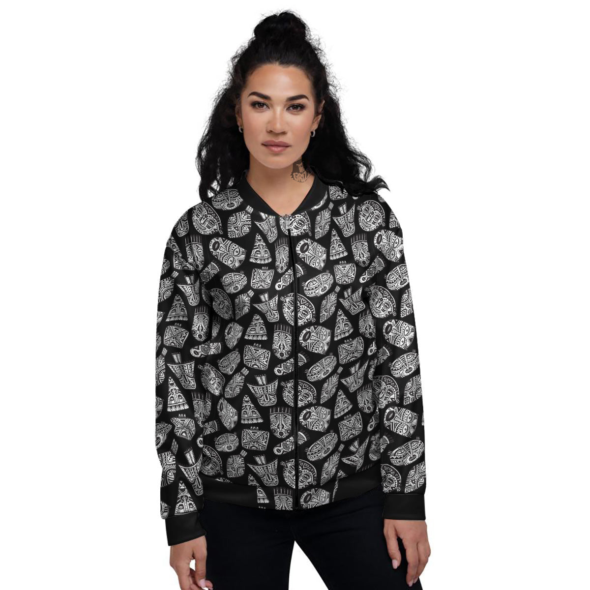 Black And White African Fancy Masks Print Pattern Women's Bomber Jacket-grizzshop