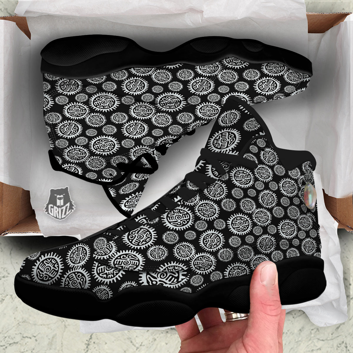 Black And White Aztec Mayan Eagle Print Pattern Black Basketball Shoes-grizzshop