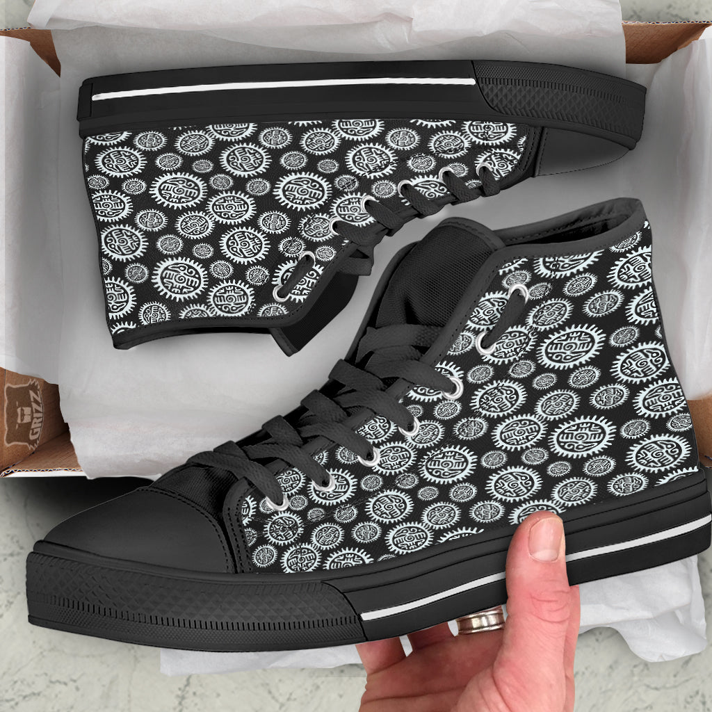 Black And White Aztec Mayan Eagle Print Pattern Black High Top Shoes-grizzshop