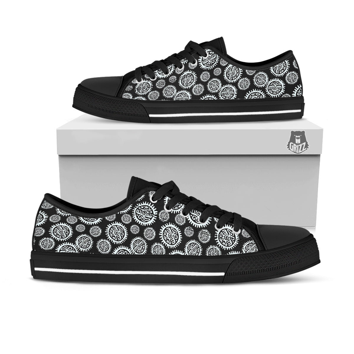 Black And White Aztec Mayan Eagle Print Pattern Black Low Top Shoes-grizzshop