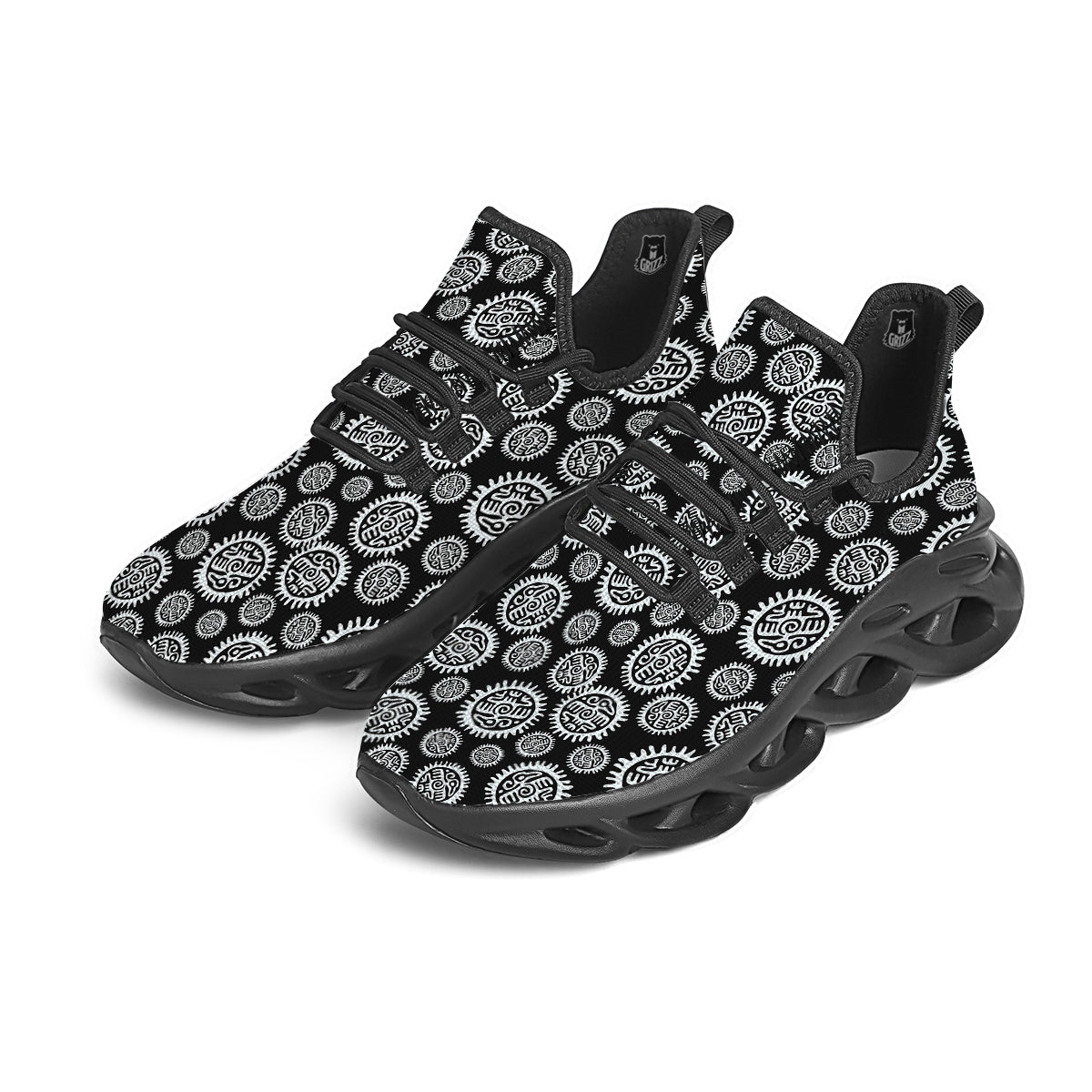 Black And White Aztec Mayan Eagle Print Pattern Black Running Shoes-grizzshop