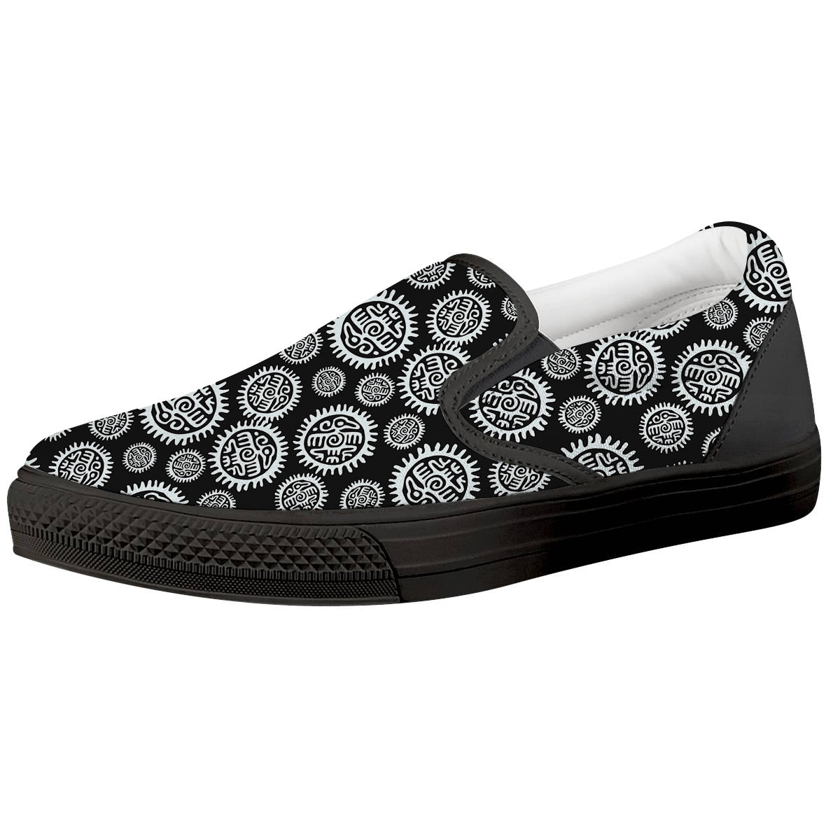 Black And White Aztec Mayan Eagle Print Pattern Black Slip On Shoes-grizzshop