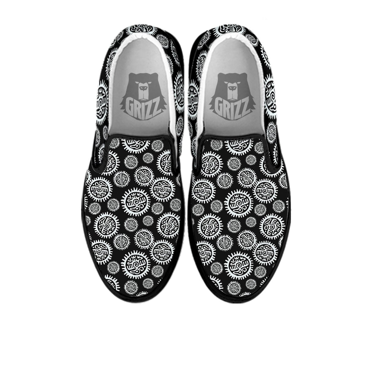 Black And White Aztec Mayan Eagle Print Pattern Black Slip On Shoes-grizzshop