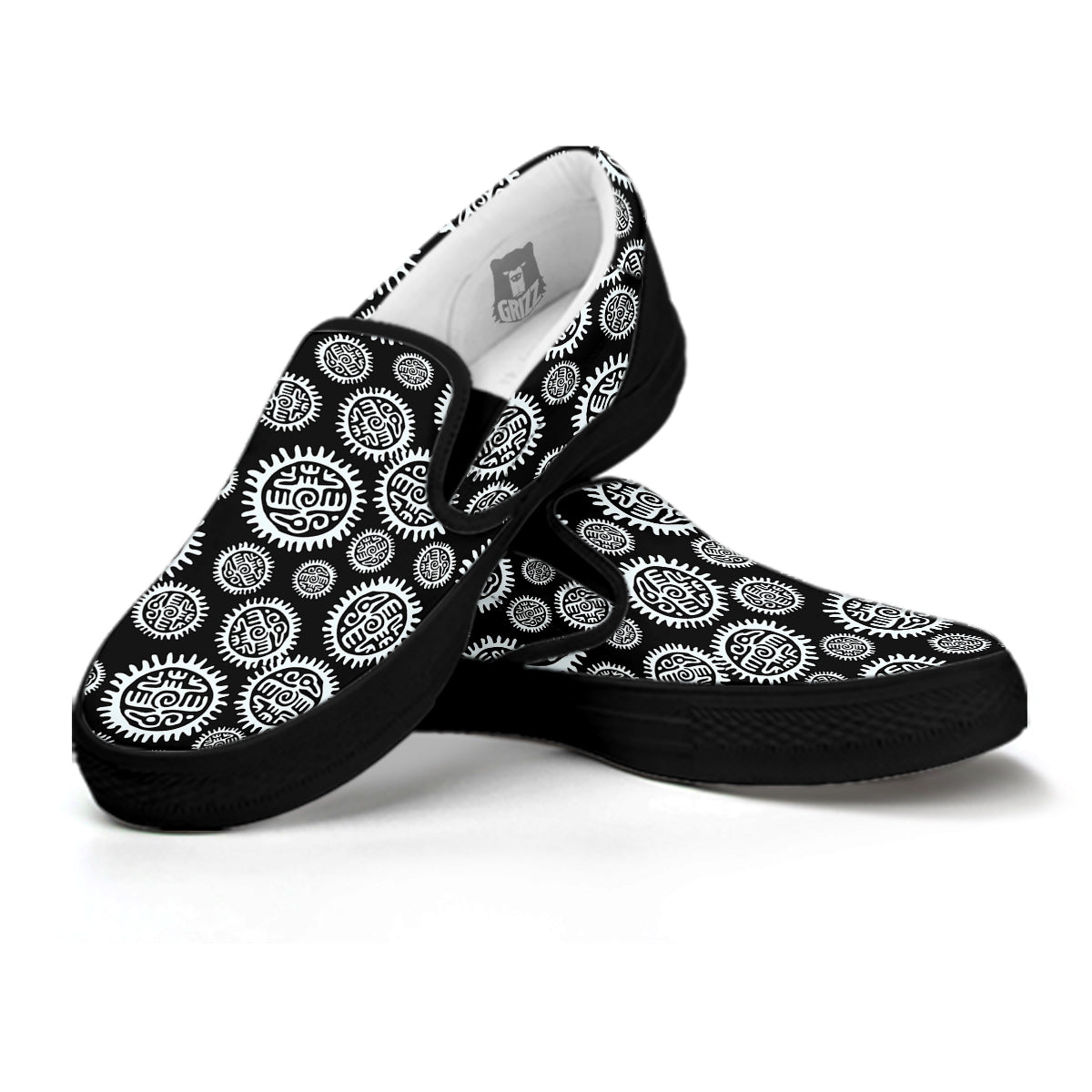 Black And White Aztec Mayan Eagle Print Pattern Black Slip On Shoes-grizzshop