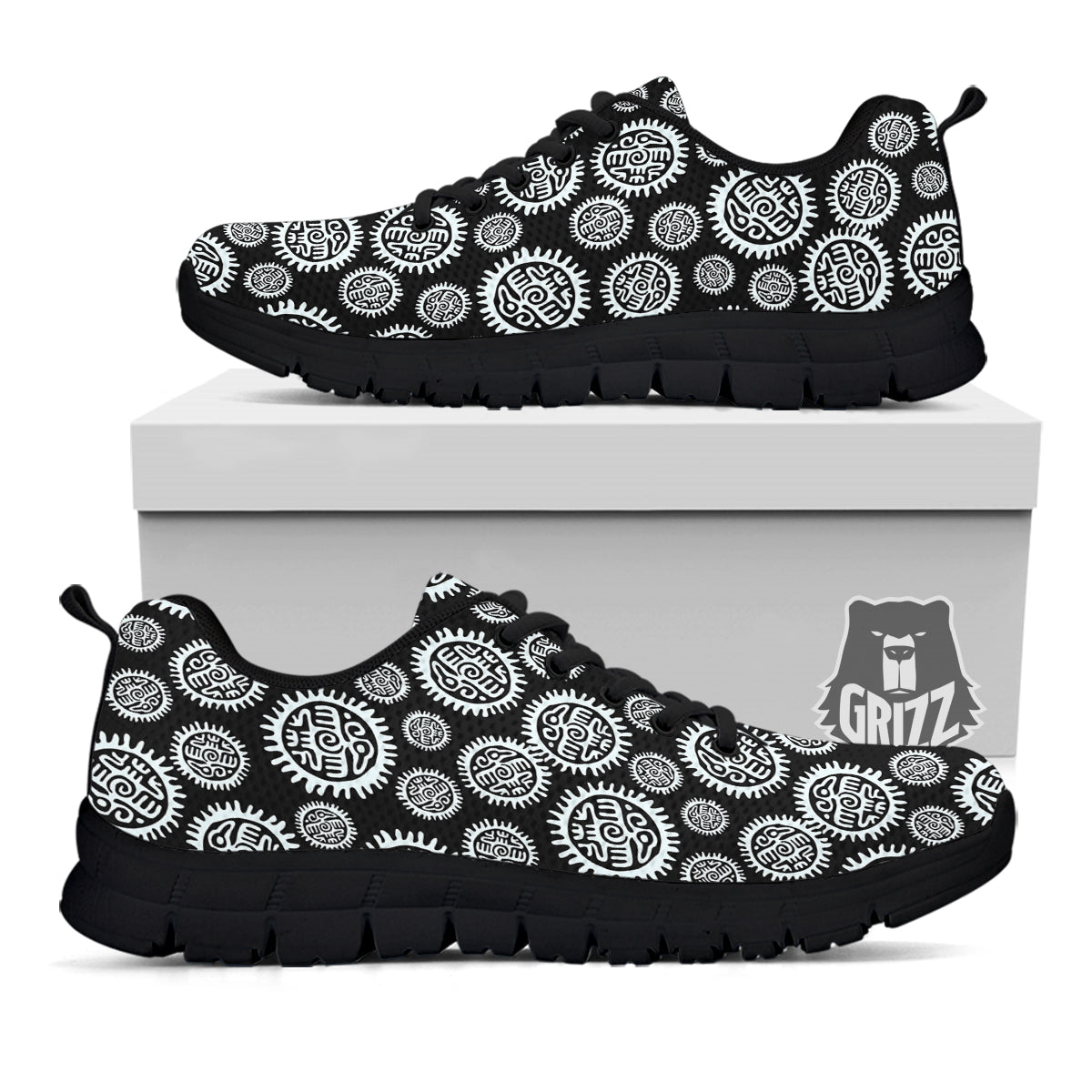 Black And White Aztec Mayan Eagle Print Pattern Black Sneaker-grizzshop