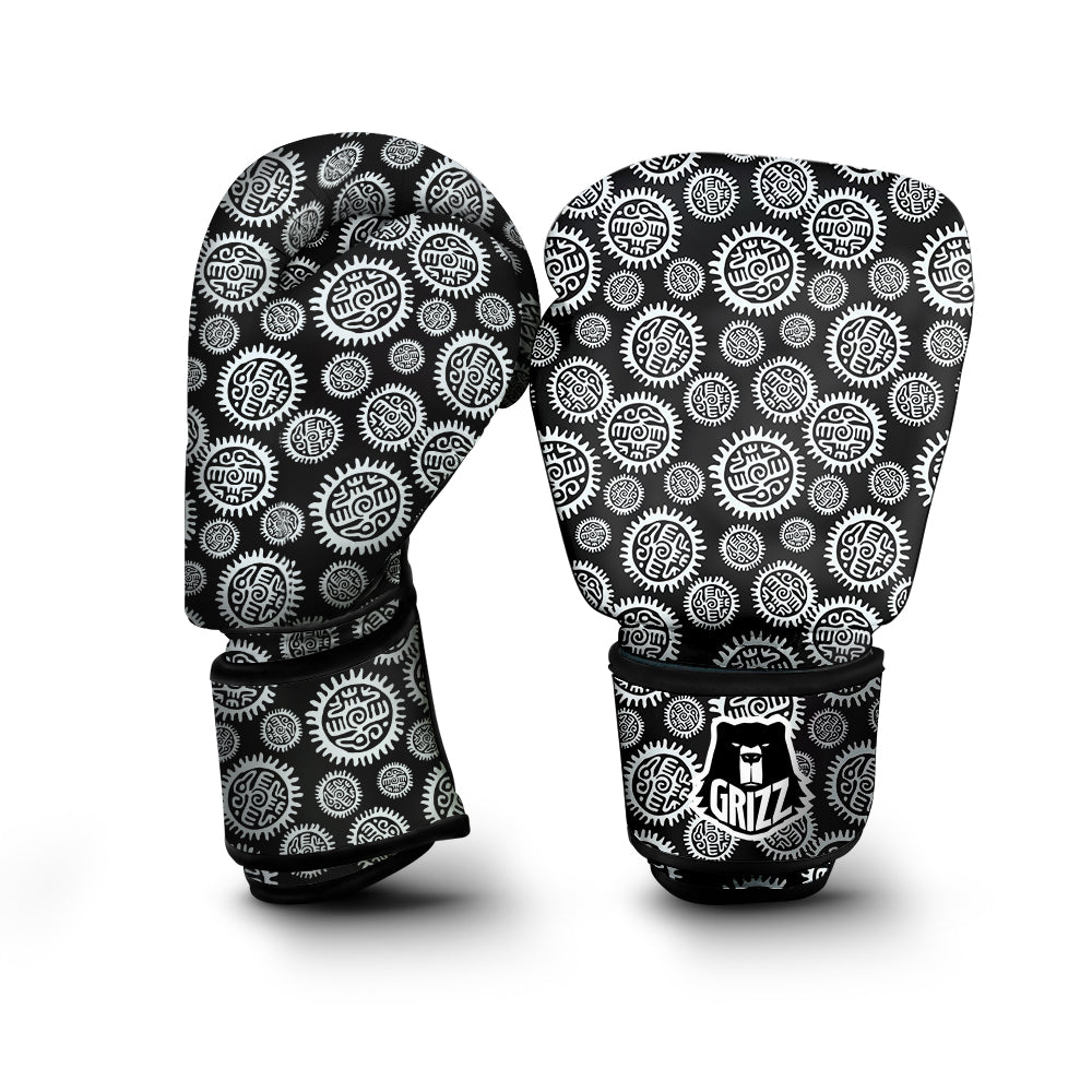Black And White Aztec Mayan Eagle Print Pattern Boxing Gloves-grizzshop