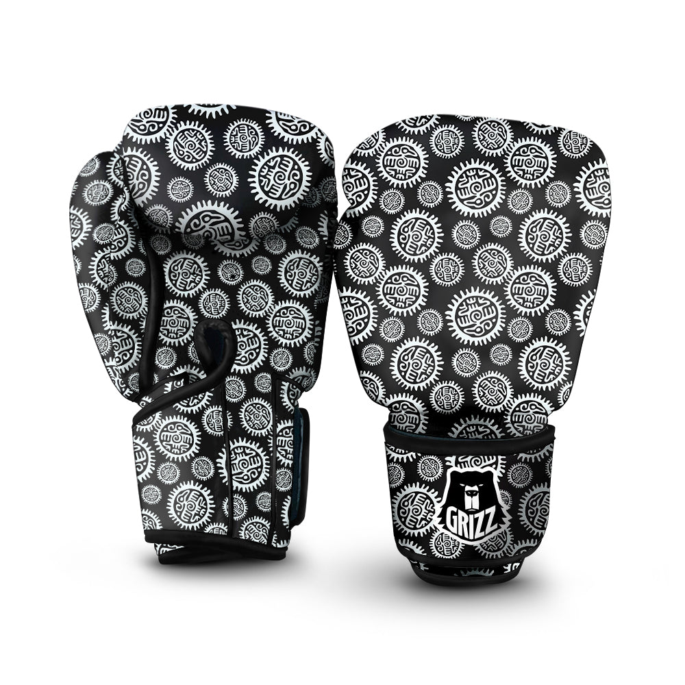 Black And White Aztec Mayan Eagle Print Pattern Boxing Gloves-grizzshop