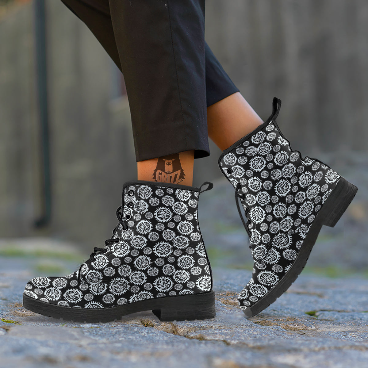 Black And White Aztec Mayan Eagle Print Pattern Leather Boots-grizzshop