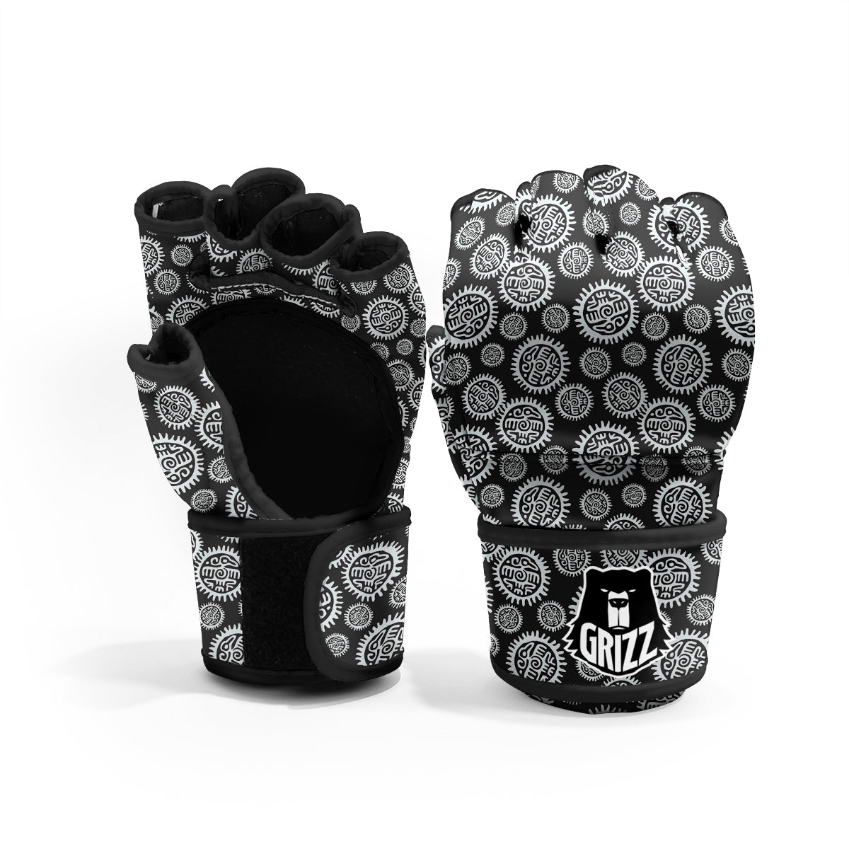 Black And White Aztec Mayan Eagle Print Pattern MMA Gloves-grizzshop