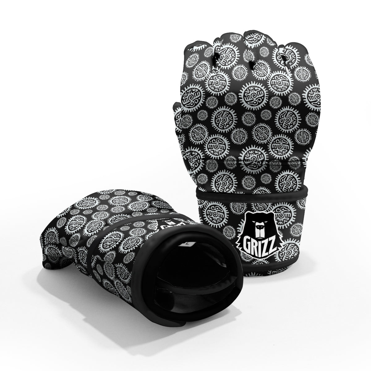Black And White Aztec Mayan Eagle Print Pattern MMA Gloves-grizzshop
