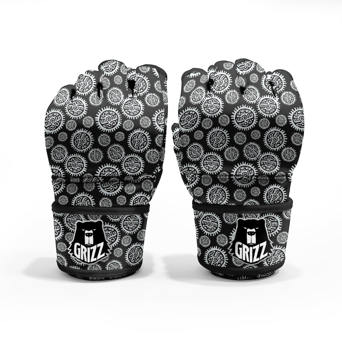 Black And White Aztec Mayan Eagle Print Pattern MMA Gloves-grizzshop