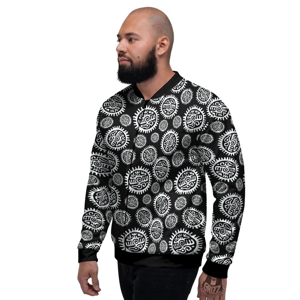 Black And White Aztec Mayan Eagle Print Pattern Men's Bomber Jacket-grizzshop