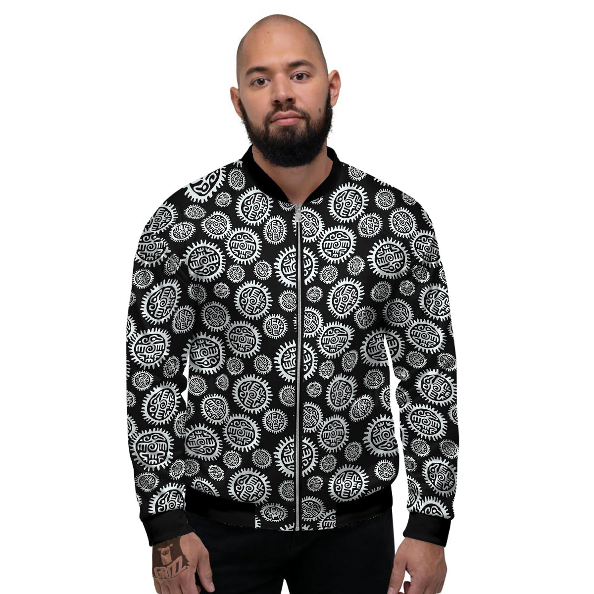 Black And White Aztec Mayan Eagle Print Pattern Men's Bomber Jacket-grizzshop