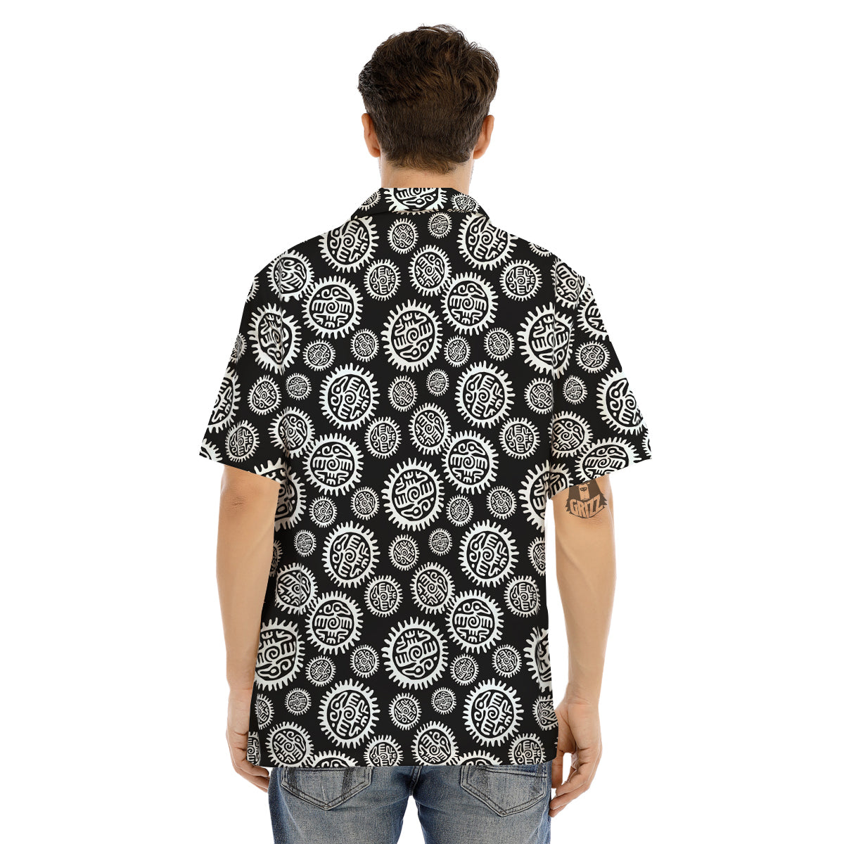 Black And White Aztec Mayan Eagle Print Pattern Men's Hawaiian Shirt-grizzshop