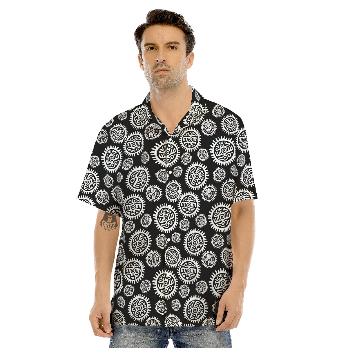 Black And White Aztec Mayan Eagle Print Pattern Men's Hawaiian Shirt-grizzshop