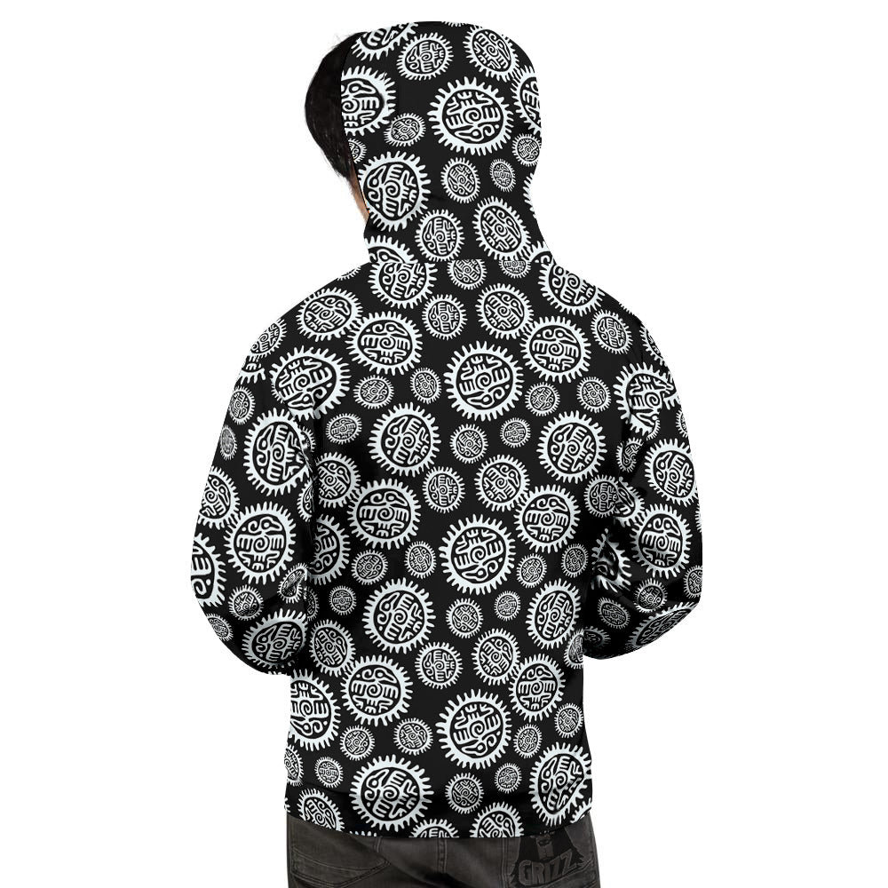 Black And White Aztec Mayan Eagle Print Pattern Men's Hoodie-grizzshop