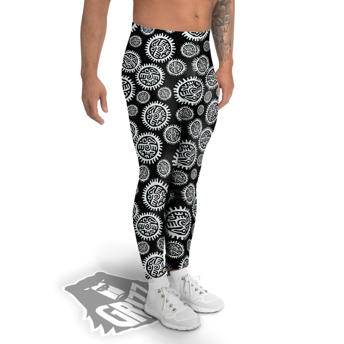 Black And White Aztec Mayan Eagle Print Pattern Men's Leggings-grizzshop