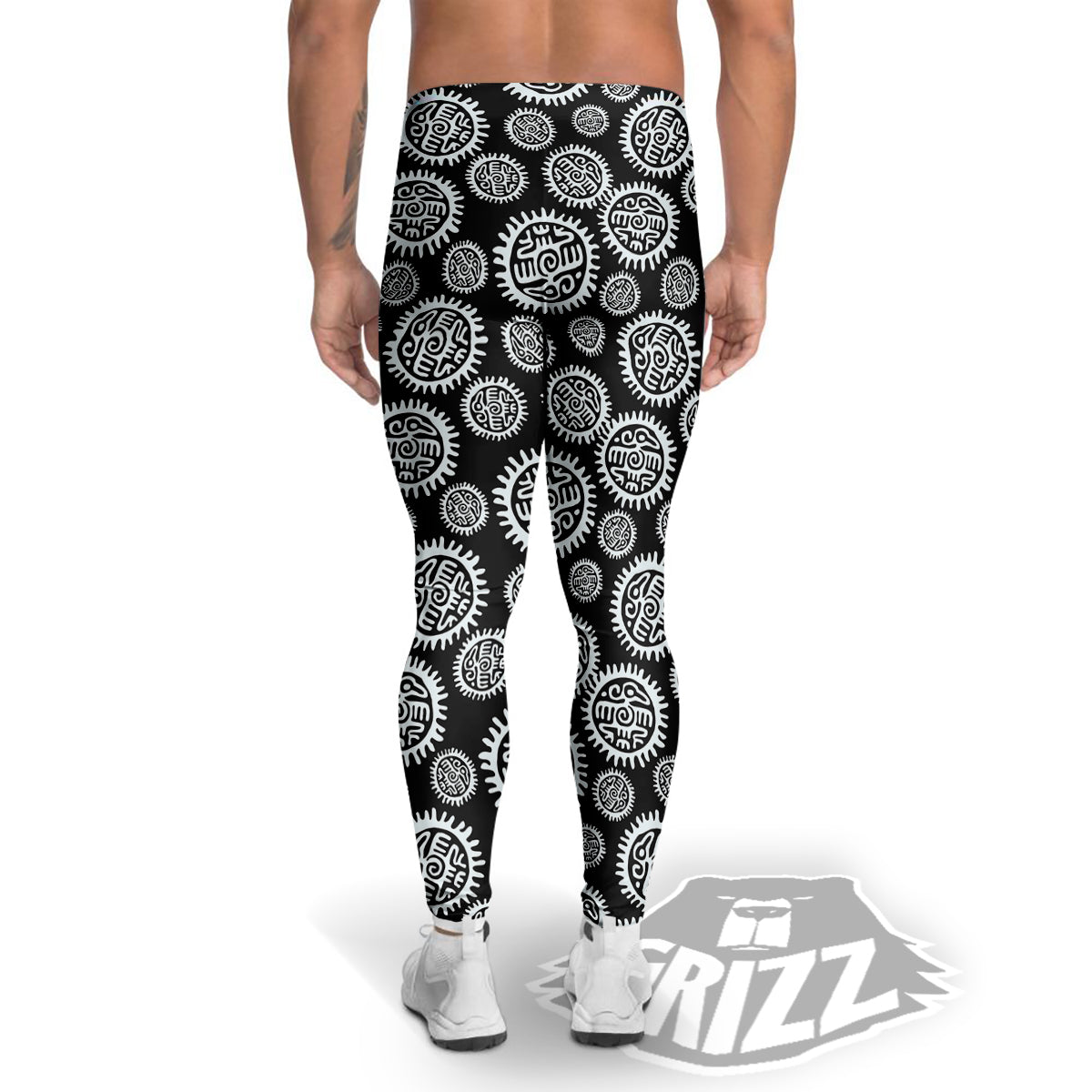 Black And White Aztec Mayan Eagle Print Pattern Men's Leggings-grizzshop